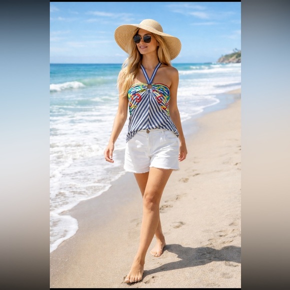 Anthropologie Tops - Anthropologie NWT Avril Embroidered Striped Knit Halter Size L.